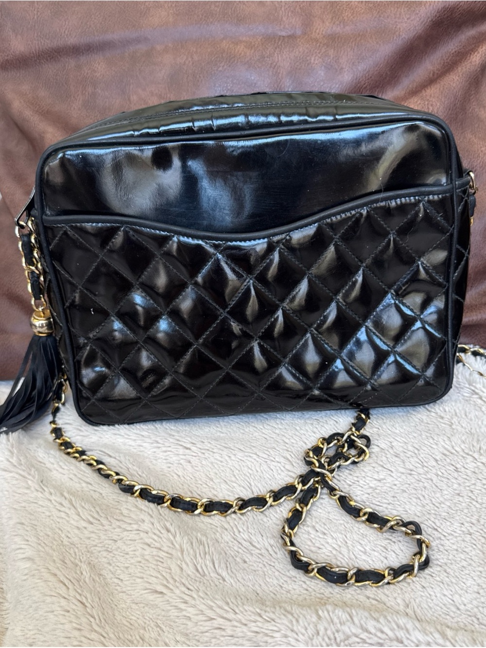 Vintage Walter Katten Classic Patent Leather Black Bag with Gold Chain Tassel